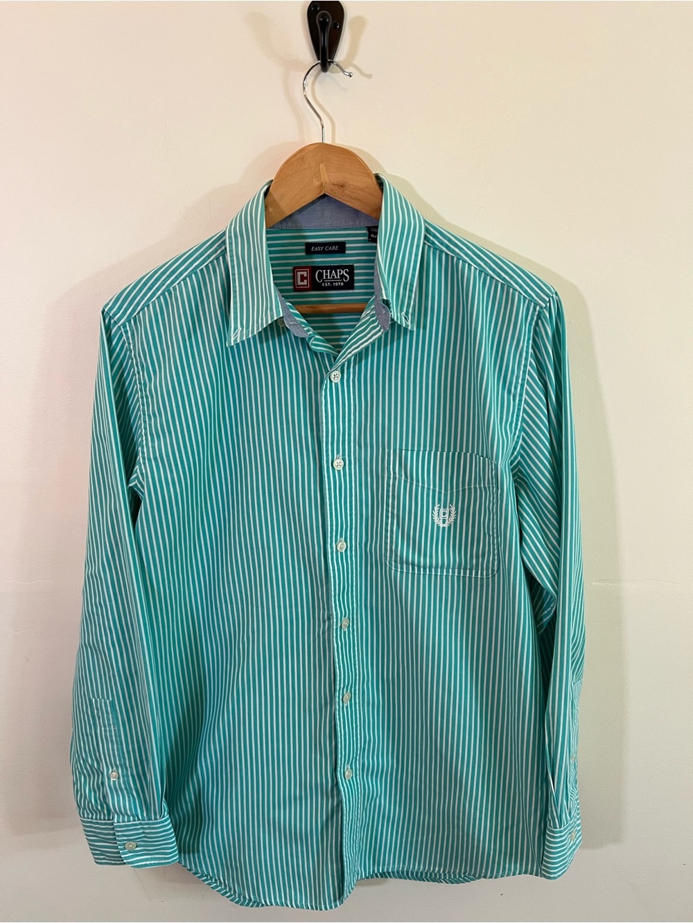 Chaps Mens Small Green White Stripe Button Down Shirt Easy Care Casual